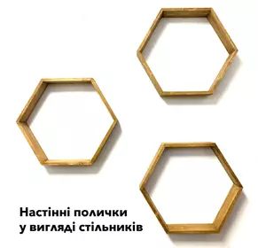Комплект из трех деревянных полочек в виде пчелиных сот, дерево - ель, натуральный и экологичный продукт Комплект из трех деревянных полочек в виде пчелиных сот, дерево - ель, натуральный и экологичный продукт