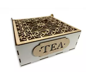 Ящик для чая TEA из натурального дерева с резьбой и перфорацией 22х22,5х7,5 см Ящик для чая TEA из натурального дерева с резьбой и перфорацией 22х22,5х7,5 см